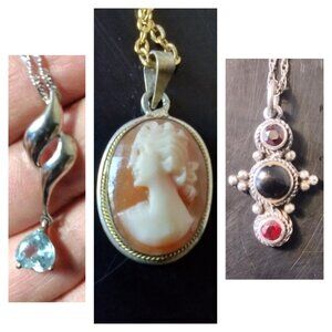 3 piece Sterling, Shell (Delicate Detail) Cameo Lot. Necklaces + Pendants